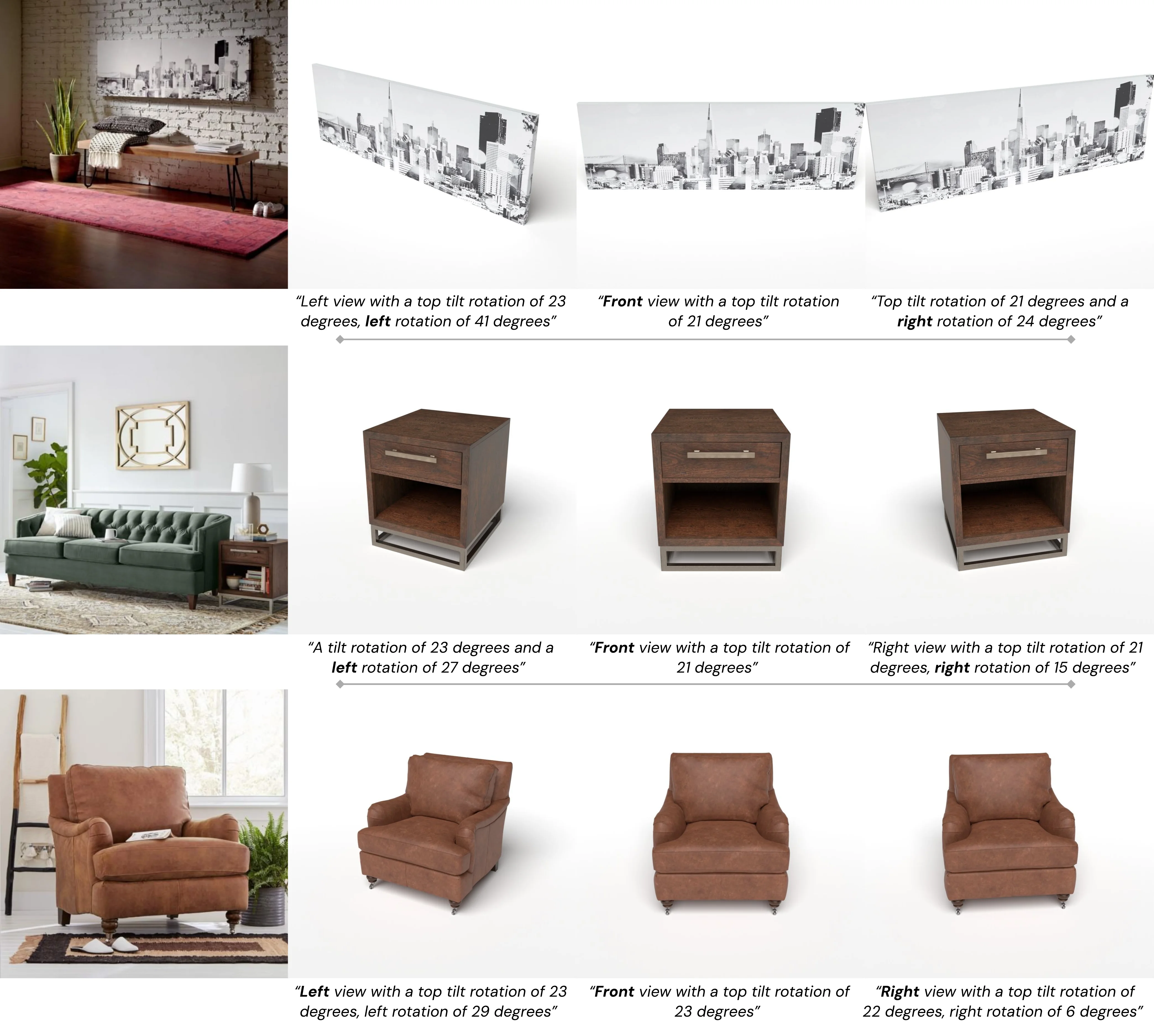 ABO-Edit dataset samples showing source lifestyle images paired with multi-view rendered targets at different rotation angles